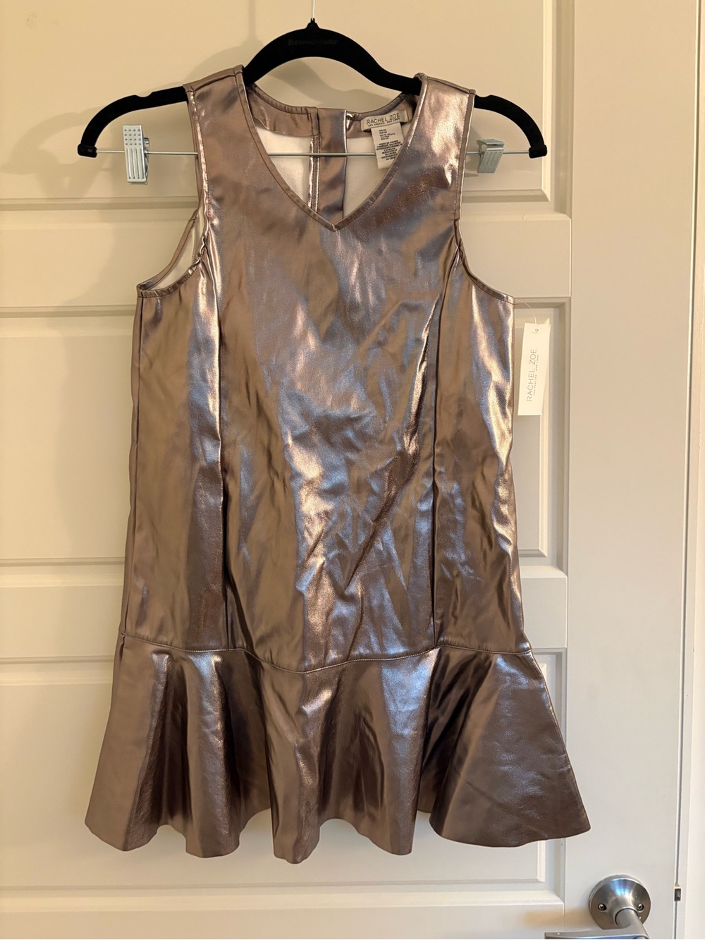 Metallic V-Neck Flounce Hem Dress - Shimmery Bronze Chrome